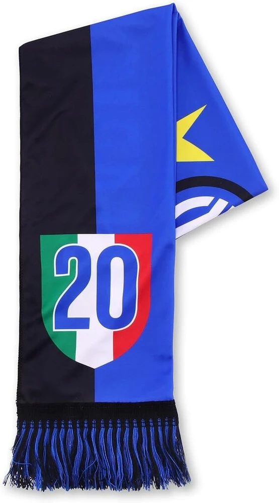 Inter šventinis šalikas 20th Scudetto 2024 įvairūs grafiniai elementai, juodos ir mėlynos spalvos