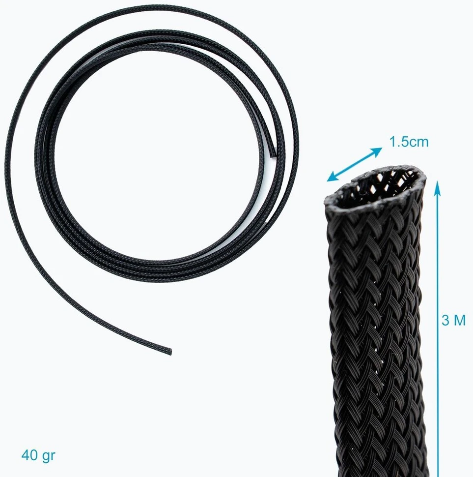 Intirilife savaime užsidarantis kabelių kanalas, austas juodos spalvos, 10-27 mm, ilgis 3 metrai, lankstus kabelių kanalas, gali būti kerpamas pagal dydį, kabelių mova kabelių valdymui, kabelių apvalkalas