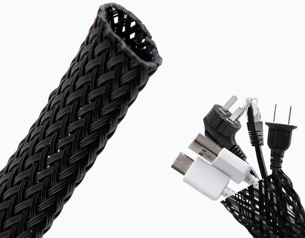 Intirilife savaime užsidarantis kabelių kanalas, austas juodos spalvos, 10-27 mm, ilgis 3 metrai, lankstus kabelių kanalas, gali būti kerpamas pagal dydį, kabelių mova kabelių valdymui, kabelių apvalkalas