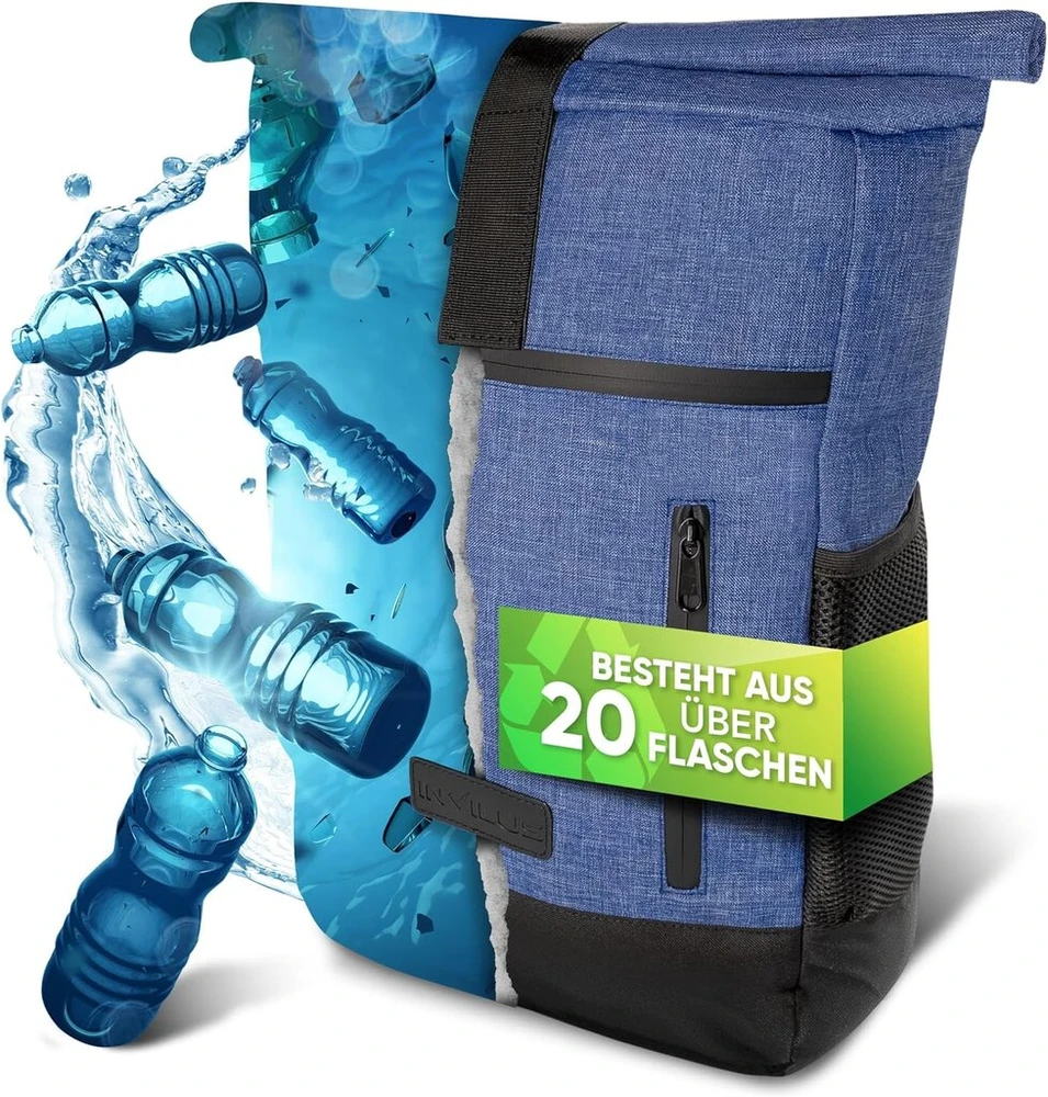 Invilus ® - rolltop kuprinė vyrams ir moterims, pagaminta iš perdirbtų plastikinių butelių | paprasta kuprinė | kuprinė nešiojamam kompiuteriui | kuprinės moterims | dienos kuprinė moterims | kuprinė į mokyklą | pasirinkite spalvą dabar
