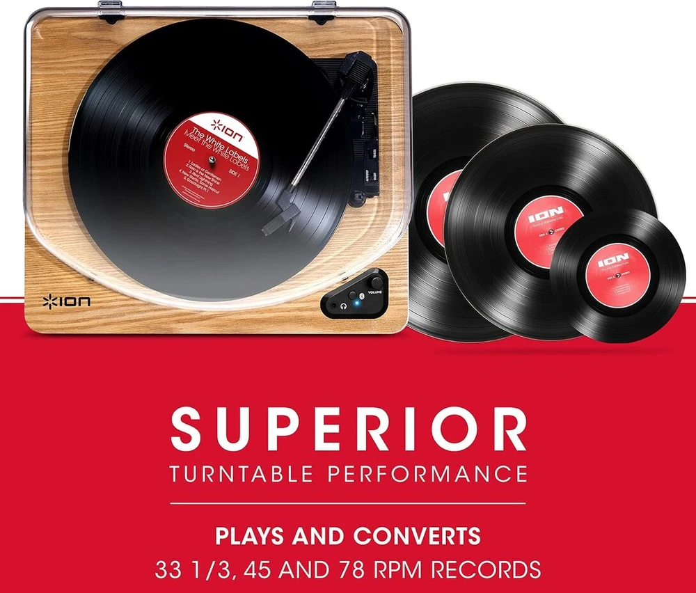 Ion Audio Air Lp - vintage usb bluetooth patefonas su trimis greičio lygiais ir vinilo konvertavimu į mp3, skirtas mac/pc, elegantiška medžio išvaizda