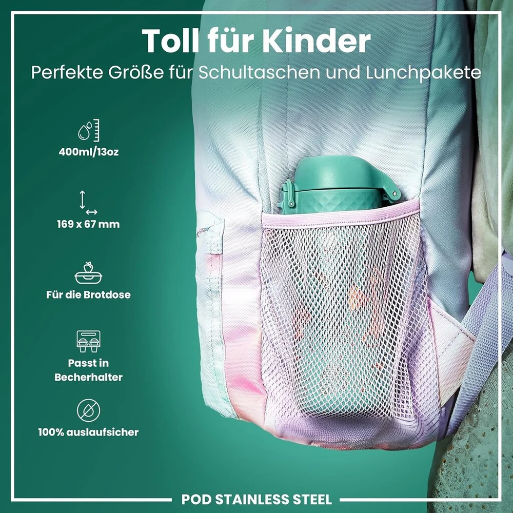 Ion8 vaikiška gertuvė, nerūdijantis plienas, lengva, 400 ml, neizoliuota, nepralaidi, atidaroma viena ranka, saugus užraktas, galima plauti indaplovėje, atlenkiamas dangtelis, lengva valyti, kiaušinis drakonui