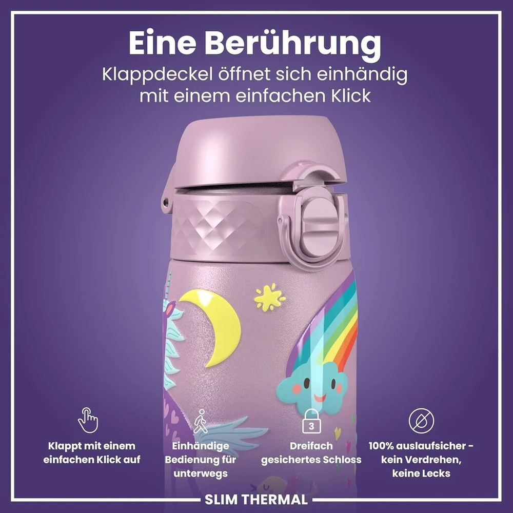 Ion8 vakuuminis nerūdijančio plieno gėrimo butelis 500 ml, nepralaidus, atidaromas viena ranka, saugus užraktas, galima plauti indaplovėje, su nešimo rankena, lengvai valomas, patvarus ir atsparus įbrėžimams, Lilac Unicorn
