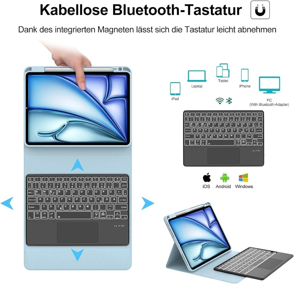 Ipad Air 11 2025/2024 klaviatūra su Touchpad ir dėklu, mėlyna