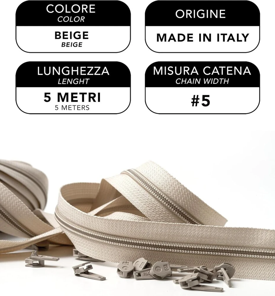 Ipea bsc5m5-03 begalinis užtrauktukas smėlio spalvos 5 metrai + 15 metalinių slankiklių - grandinėlės dydis #5 - pagaminta Italijoje - pilnas užtrauktukas su nailoniniu užtrauktuku