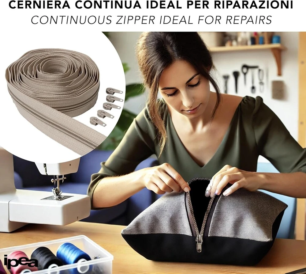 Ipea bsc5m5-03 begalinis užtrauktukas smėlio spalvos 5 metrai + 15 metalinių slankiklių - grandinėlės dydis #5 - pagaminta Italijoje - pilnas užtrauktukas su nailoniniu užtrauktuku