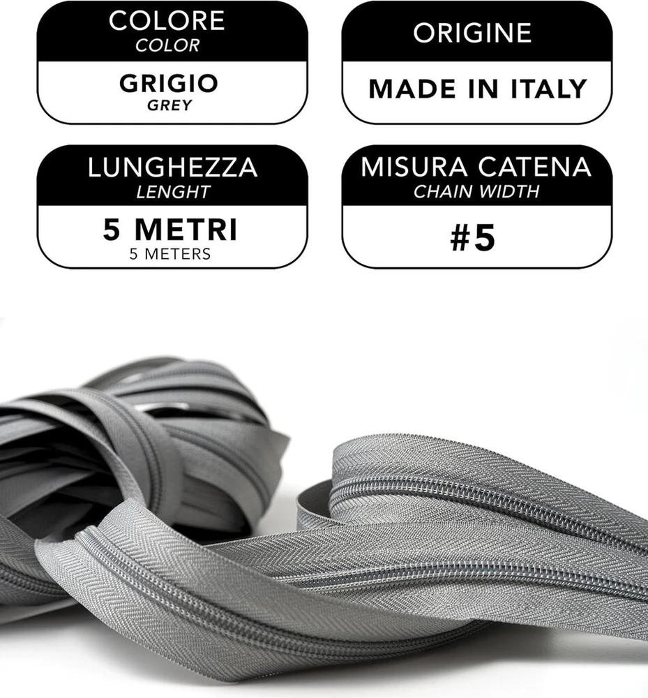 Ipea endless zip pilkas 5 metrai + 15 metalinių slankiklių - grandinėlės dydis #5 - pagaminta Italijoje - pilnas užtrauktukas su nailoniniu užtrauktuku - galima kirpti pagal metrą - plotis 30 mm