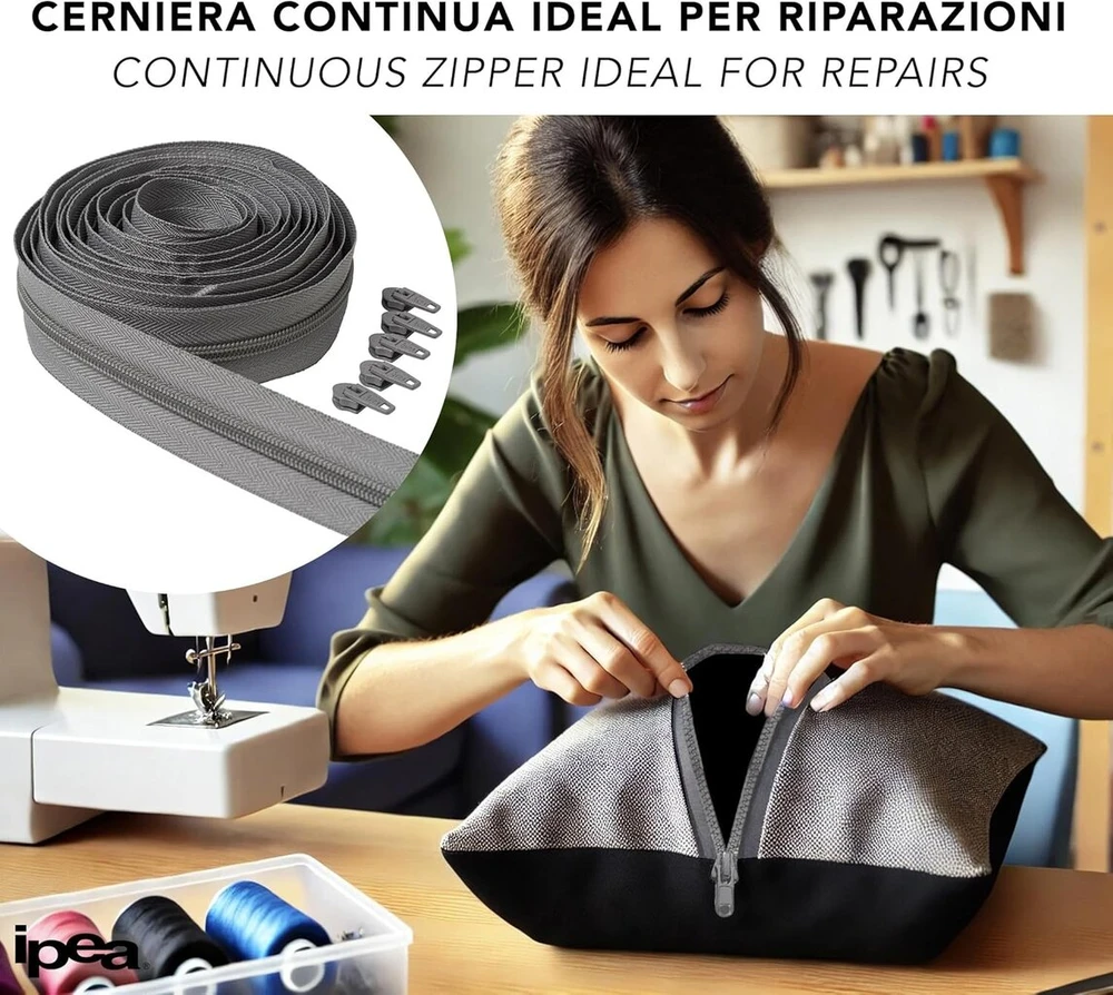Ipea endless zip pilkas 5 metrai + 15 metalinių slankiklių - grandinėlės dydis #5 - pagaminta Italijoje - pilnas užtrauktukas su nailoniniu užtrauktuku - galima kirpti pagal metrą - plotis 30 mm