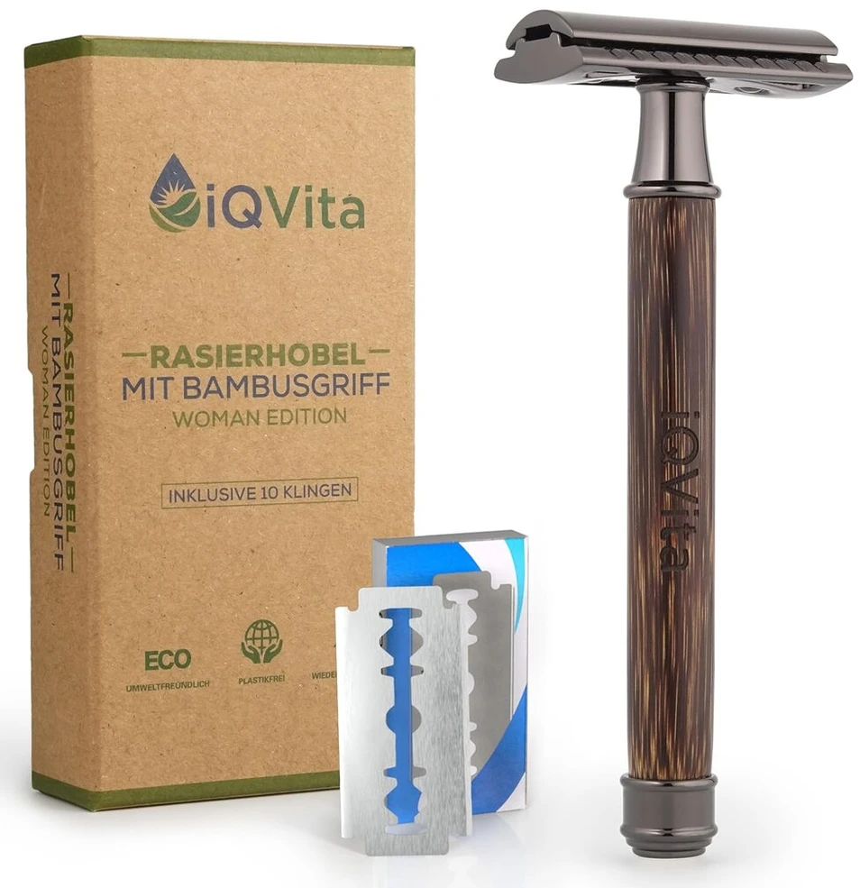 Iqvita® Premium skustuvas su bambuko rankena - moteriškas skustuvas - su 10 skustuvo peiliukų - šlapias skustuvas - uždaras šukos - draugiškas aplinkai ir tvarus - nulis atliekų - su el. knyga