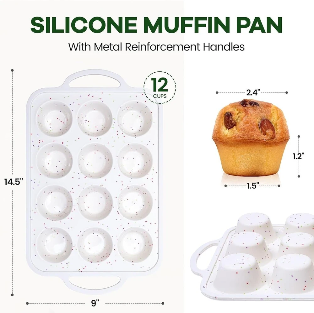 Irayin silikoninė mini keksiukų forma 12 keksiukams, 2 vnt. keksiukų kepimo forma su metaliniu rėmu, nelimpanti, be Bpa, galima plauti indaplovėje, skirta keksiukams, riestainiams, keksiukams