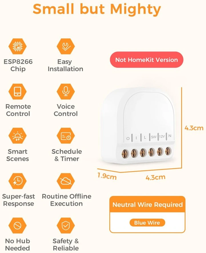 Išmanusis relės jungiklis su srovės matavimu, suderinamas su home assistant mini wlan išmanusis šviesos jungiklis su galios matavimu 1 gaujos belaidis jungiklis, nereikalaujantis šakotuvo, 1 vnt.