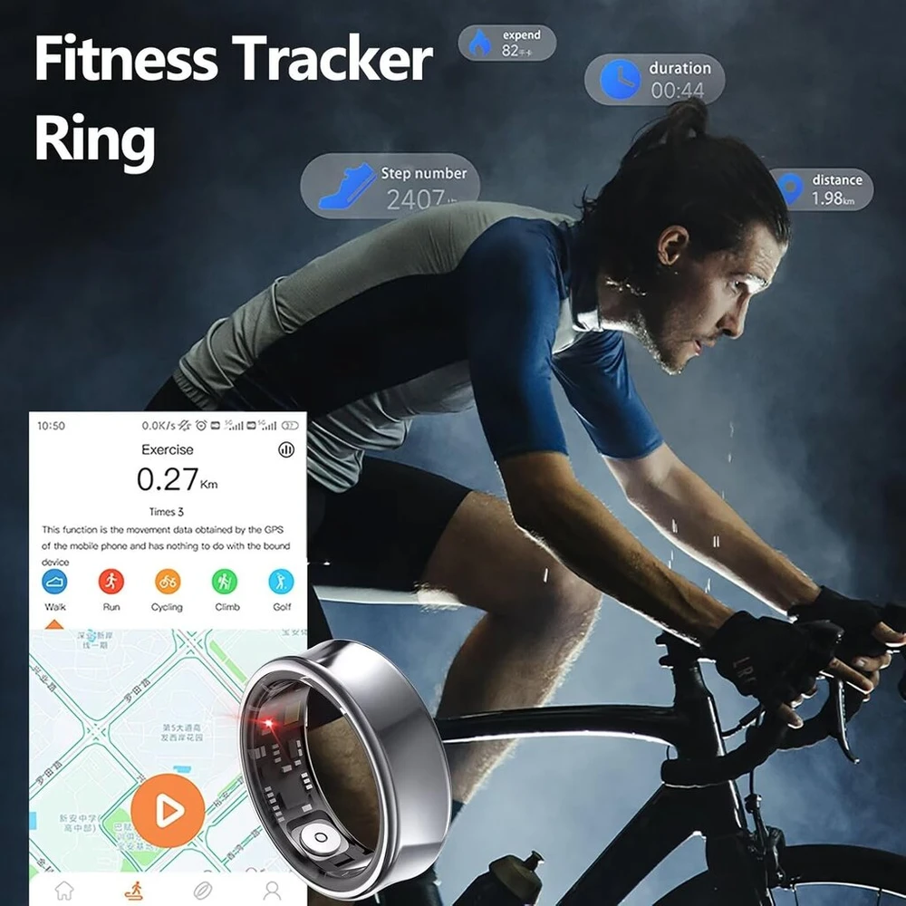 Išmanusis žiedas-pedometras, fitneso sekiklis, skirtas android ir ios, išmanieji žiedai vyrams ir moterims, miego sekiklis, širdies ritmo monitorius, aktyvumo sekiklis, sportinis išmanusis žiedas, fitneso žiedas, juodas, pilkas, auksinis, sidabrinis