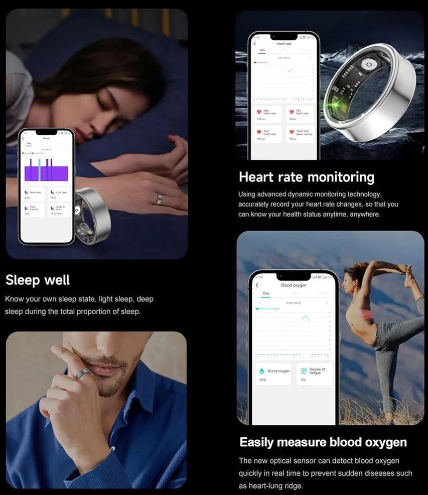 Išmanusis žiedas-pedometras, fitneso sekiklis, skirtas android ir ios, išmanieji žiedai vyrams ir moterims, miego sekiklis, širdies ritmo monitorius, aktyvumo sekiklis, sportinis išmanusis žiedas, fitneso žiedas, juodas, pilkas, auksinis, sidabrinis