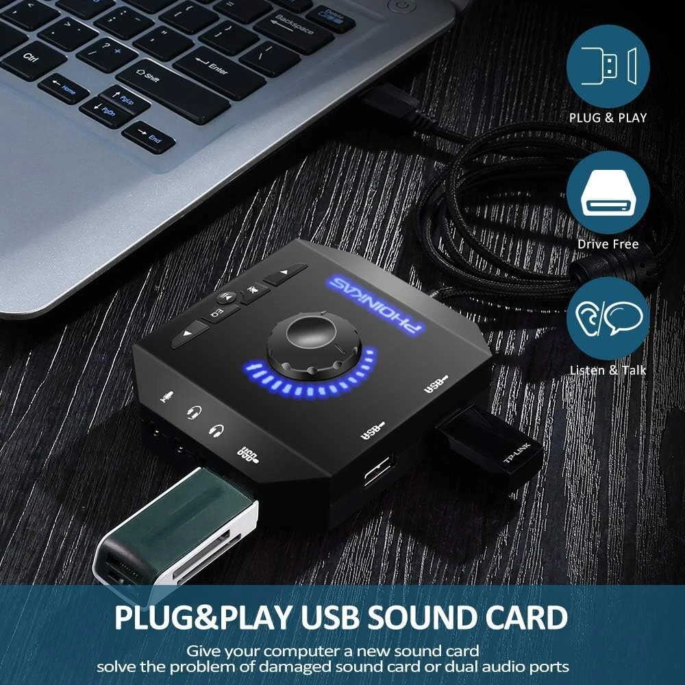 Išorinė garso plokštė, Phoinikas T10 Usb garso adapteris, skirtas Pc Windows, Mac, Linux, nešiojamiesiems kompiuteriams, staliniams kompiuteriams, stereo garso plokštė su 3,5 mm sąsaja ir Usb sąsaja, Plug & Play (6-in-1, juoda)