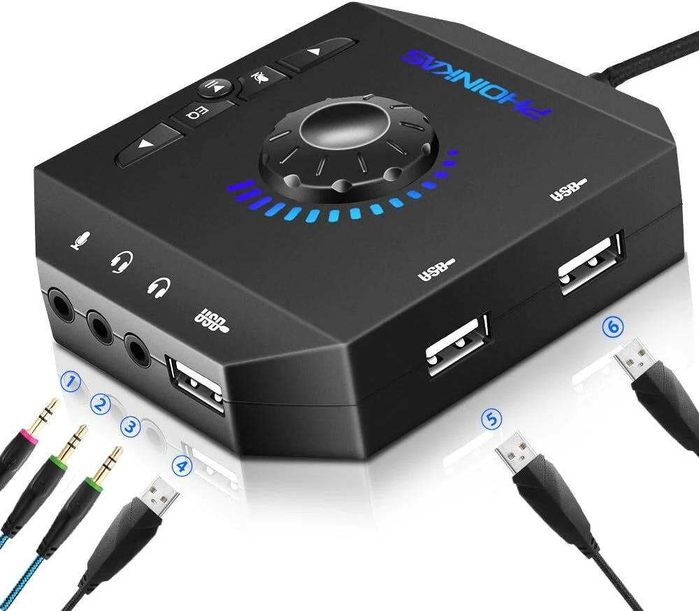 Išorinė garso plokštė, Phoinikas T10 Usb garso adapteris, skirtas Pc Windows, Mac, Linux, nešiojamiesiems kompiuteriams, staliniams kompiuteriams, stereo garso plokštė su 3,5 mm sąsaja ir Usb sąsaja, Plug & Play (6-in-1, juoda)