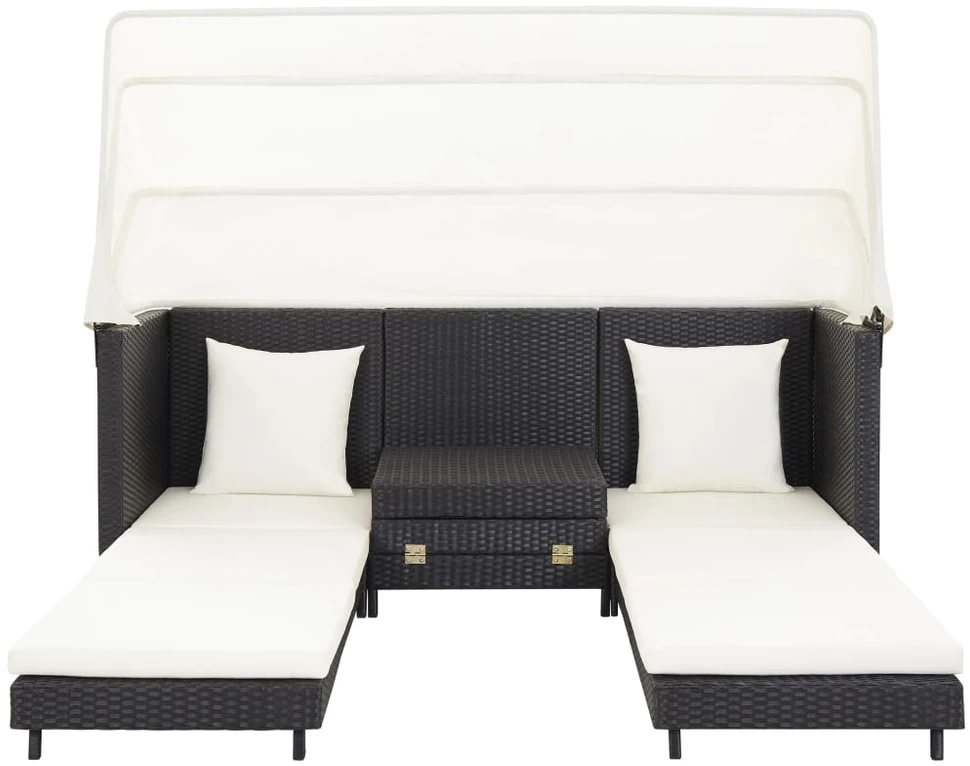 Ištraukiama trivietė sofa-lova su stogeliu, juoda, poliratanas