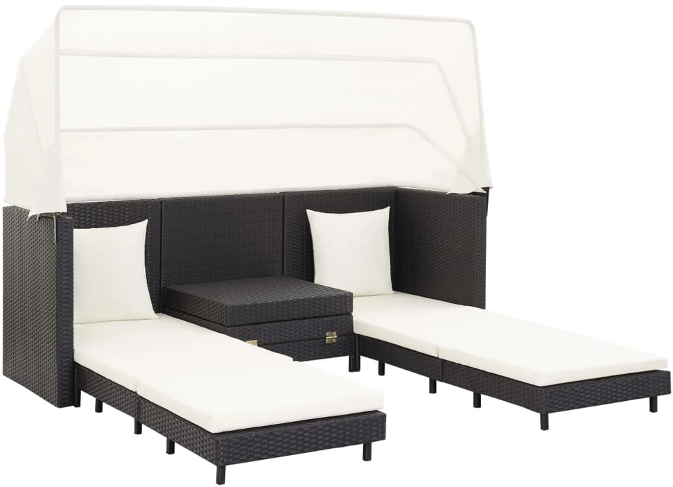 Ištraukiama trivietė sofa-lova su stogeliu, juoda, poliratanas