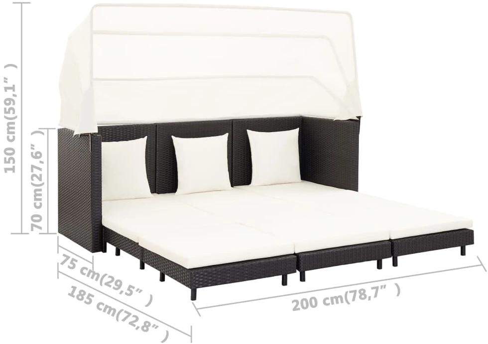 Ištraukiama trivietė sofa-lova su stogeliu, juoda, poliratanas