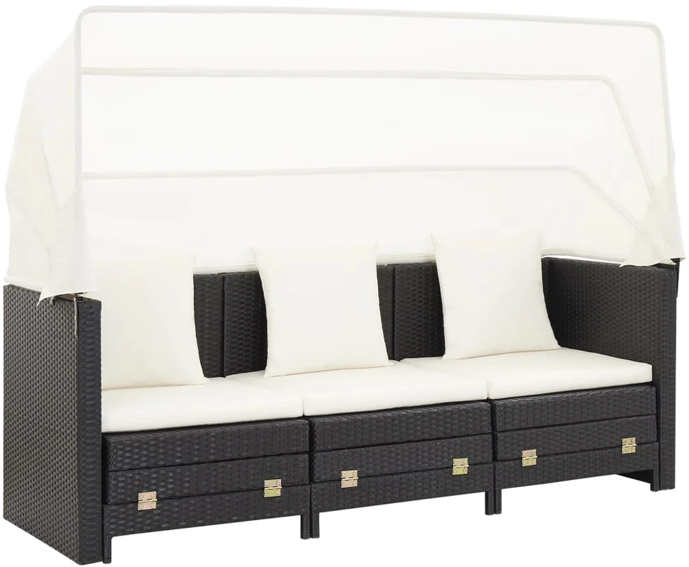 Ištraukiama trivietė sofa-lova su stogeliu, juoda, poliratanas