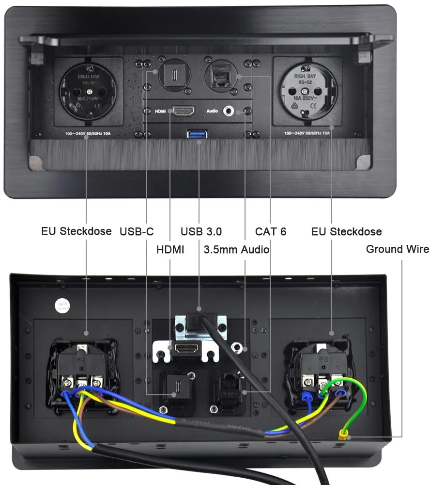 Ištraukiamas lizdas, konferencijų salės stalo multimedijos lizdo maitinimo blokas su įmontuotu lizdu - sidabrinis - 2x schuko - 1x cat6 - 1x usb-c duomenų - 1x hdmi 1x audio stereo lizdas 3.5 mm - 1x usb 3.0