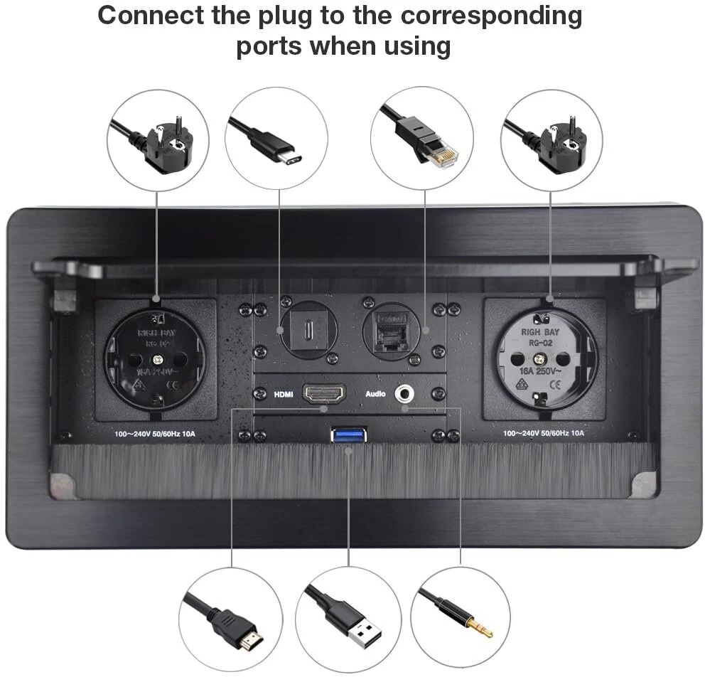 Ištraukiamas lizdas, konferencijų salės stalo multimedijos lizdo maitinimo blokas su įmontuotu lizdu - sidabrinis - 2x schuko - 1x cat6 - 1x usb-c duomenų - 1x hdmi 1x audio stereo lizdas 3.5 mm - 1x usb 3.0