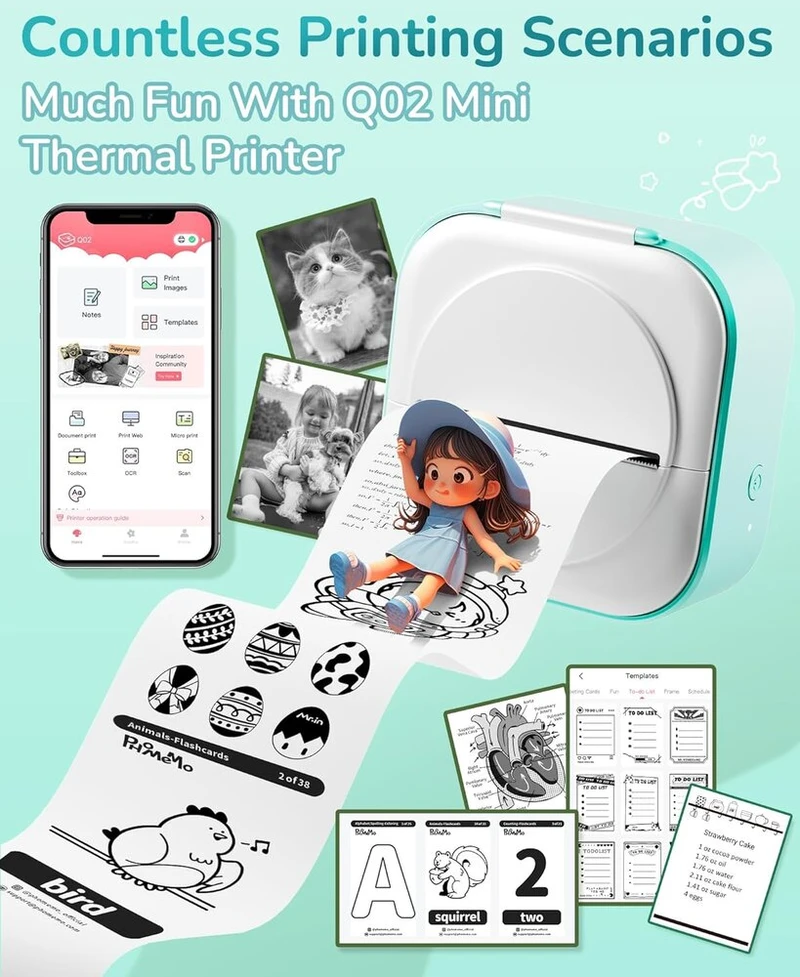 Itari Q02 mini spausdintuvas bluetooth nuotraukų spausdintuvas išmaniesiems telefonams, terminis spausdintuvas mokymuisi, mokyklinės prekės, etikečių spausdintuvas užrašams, dienoraščiui, atmintinei, nuotraukoms, žurnalui, su 3 popieriaus ritinėliais
