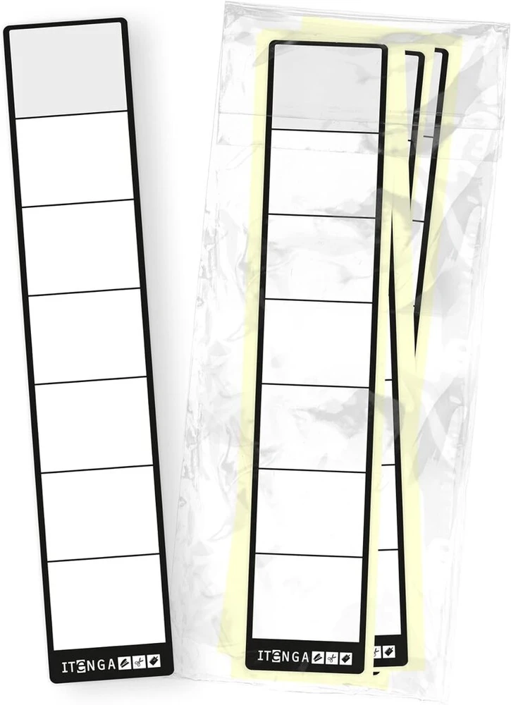 Itenga 50 vnt. etikečių siauriems segtuvams, 3.6x19 cm, juodos
