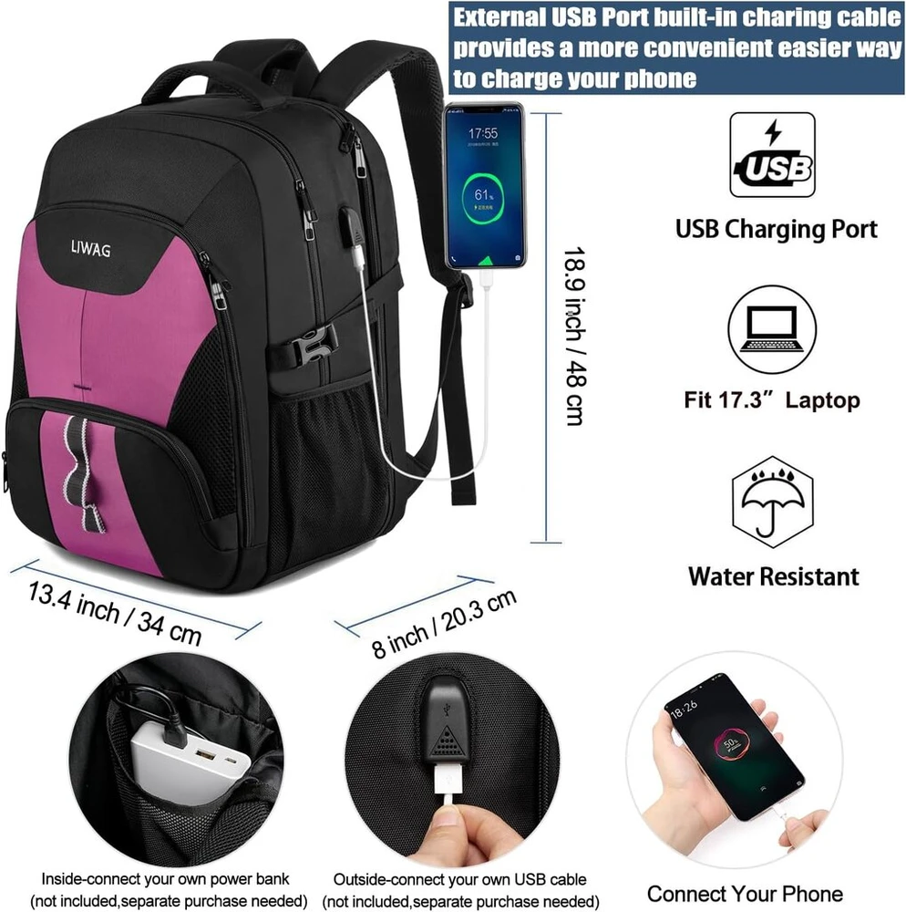 Itin didelė kuprinė, 50 l, neperšlampama, 17 colių (43,1 cm) nešiojamojo kompiuterio krepšys, darbo nešiojamojo kompiuterio kuprinė su Usb įkrovimo prievadu, apsauga nuo vagystės, verslui, kelionėms, mokyklinė kuprinė moterims, mergaitėms, paauglėms, viol