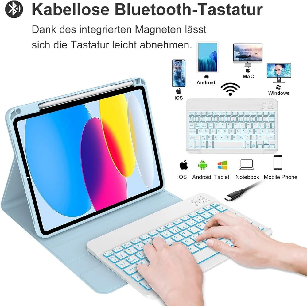 Iveoppe dėklas su klaviatūra, skirtas ipad a16 11 kartos 2025/10 kartos 2022, bluetooth magnetinė klaviatūra, skirta ipad 11-osios/10-osios kartos (11/10,9 colio), 7 spalvų apšvietimas, qwertz išdėstymo klaviatūra, mėlyna
