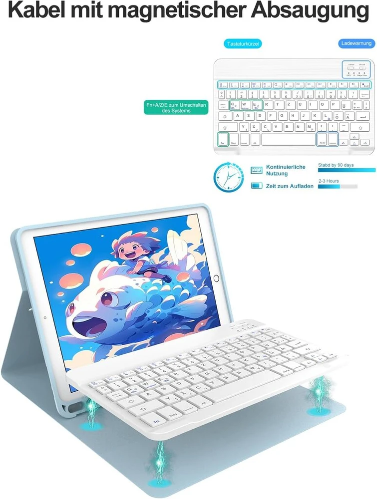 Iveoppe Ipad klaviatūra su dėklu, skirta 9-osios/8-osios/7-osios kartos, 10,2 colio Air 3 ir Pro 10.5 – magnetiškai nuimama, Qwertz, šviesiai mėlyna