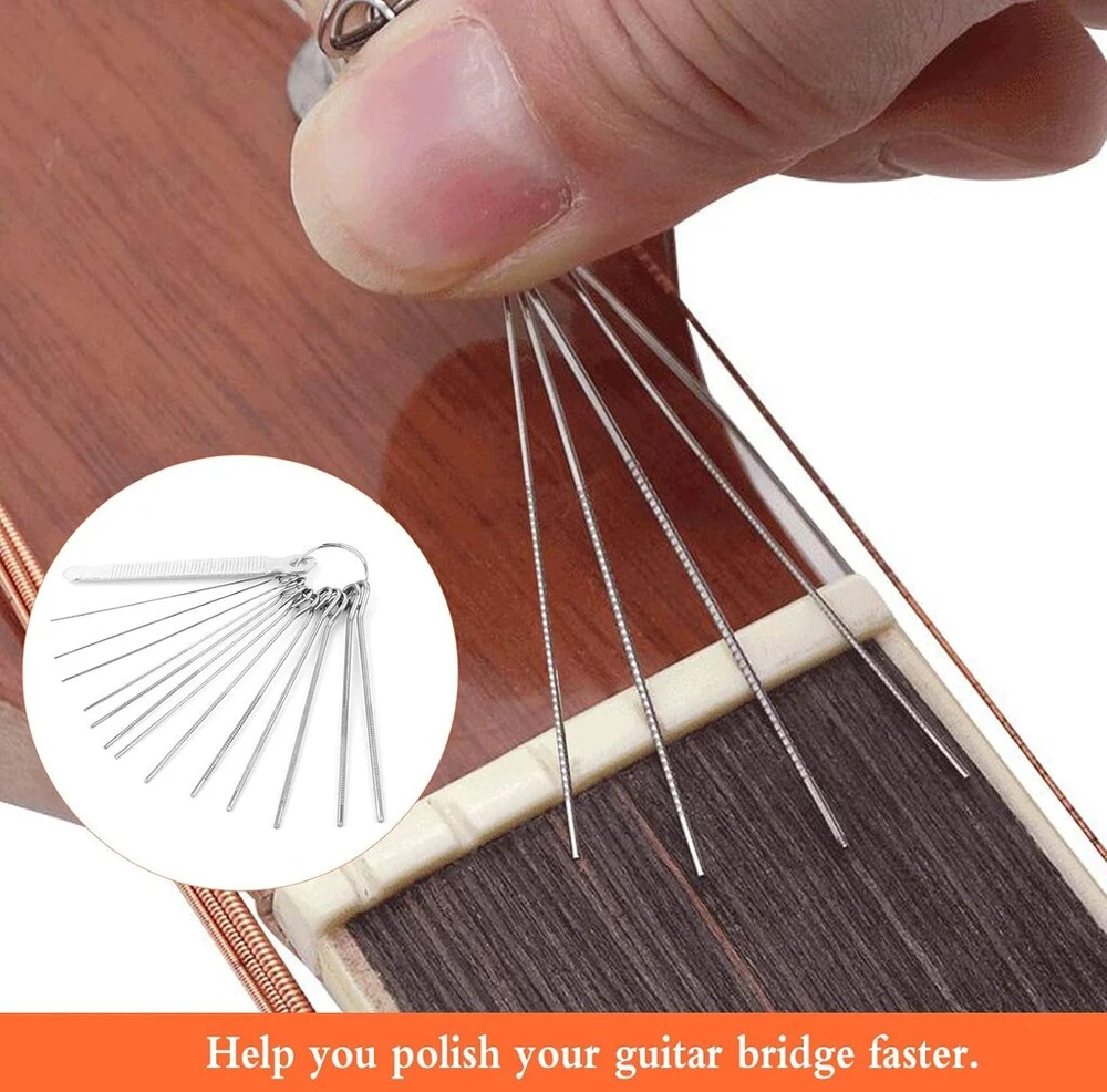 Iyowei nerūdijančio plieno gitaros tilto balnelio dildžių rinkinys su šlifavimo adatomis 13 dydžių / 1 galandimo akmuo / 2 tilto kaištelių balneliai elektrinei akustinei gitarai ukulele gitaros "pasidaryk pats" atsarginės dalys