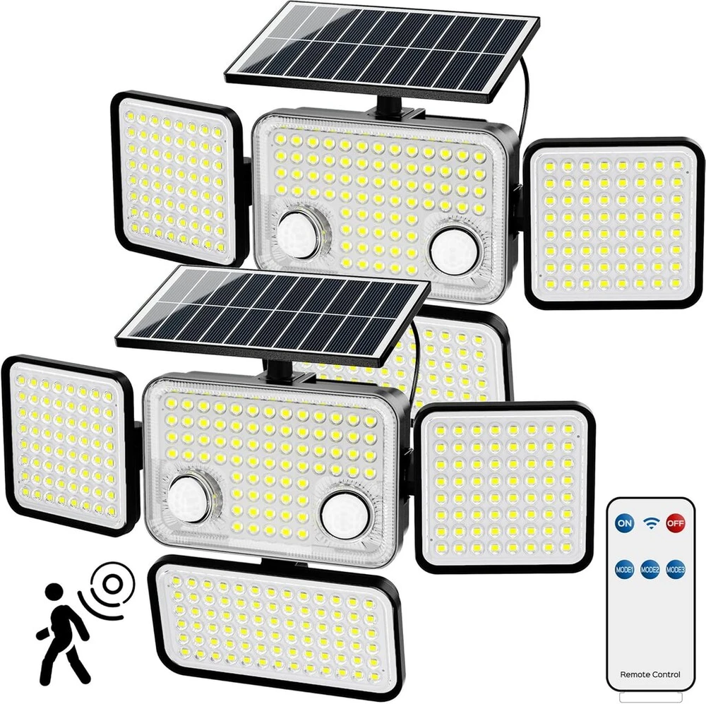Jackyled saulės šviestuvai laukui, 2500lm 278 led saulės šviestuvai su judesio davikliu, 4 galvučių saulės prožektoriai, ip65 atsparūs vandeniui, apsauginiai šviestuvai sodui, terasai, 2 vnt.