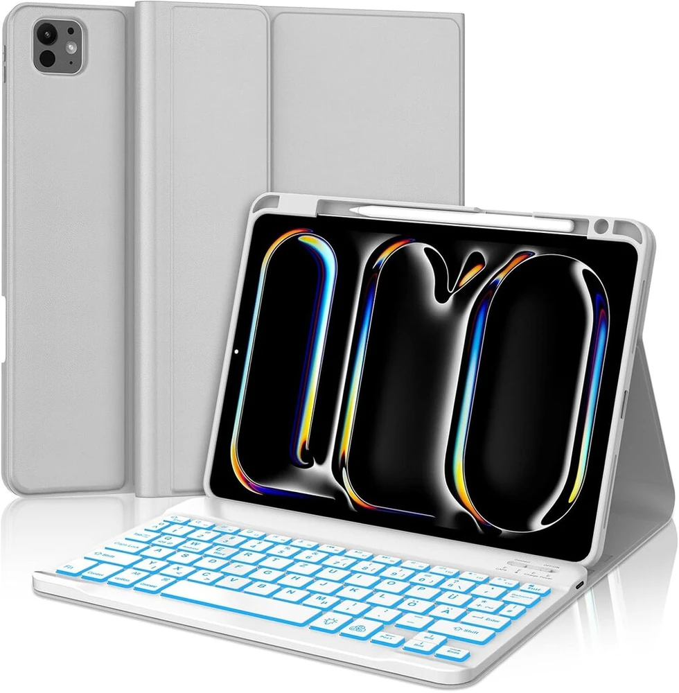 Jademall Klaviatūra Ipad Pro 11 M4 - Belaidė klaviatūra su apšvietimu, skirta Ipad Pro 11 5th Gen 2024, apsauginis dėklas su pieštuko laikikliu, Qwertz vokiečių kalba
