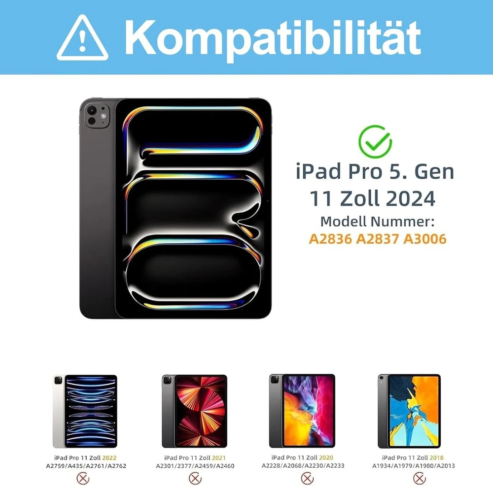 Jademall Klaviatūra Ipad Pro 11 M4 - Belaidė klaviatūra su apšvietimu, skirta Ipad Pro 11 5th Gen 2024, apsauginis dėklas su pieštuko laikikliu, Qwertz vokiečių kalba