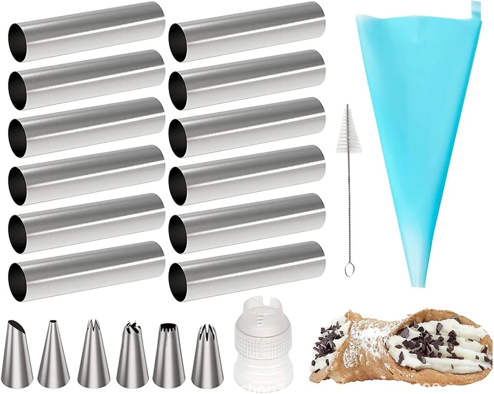 Jadin kepimo formų rinkinys, 21 dalies iridiscentinė garbanojimo forma, cannoli formelės su valymo šepečiu, putplasčio volelių formelės, vamzdeliai, tortų dekoravimo antgalių rinkinys, tinkamas gaminti bandeles ir kruasanus