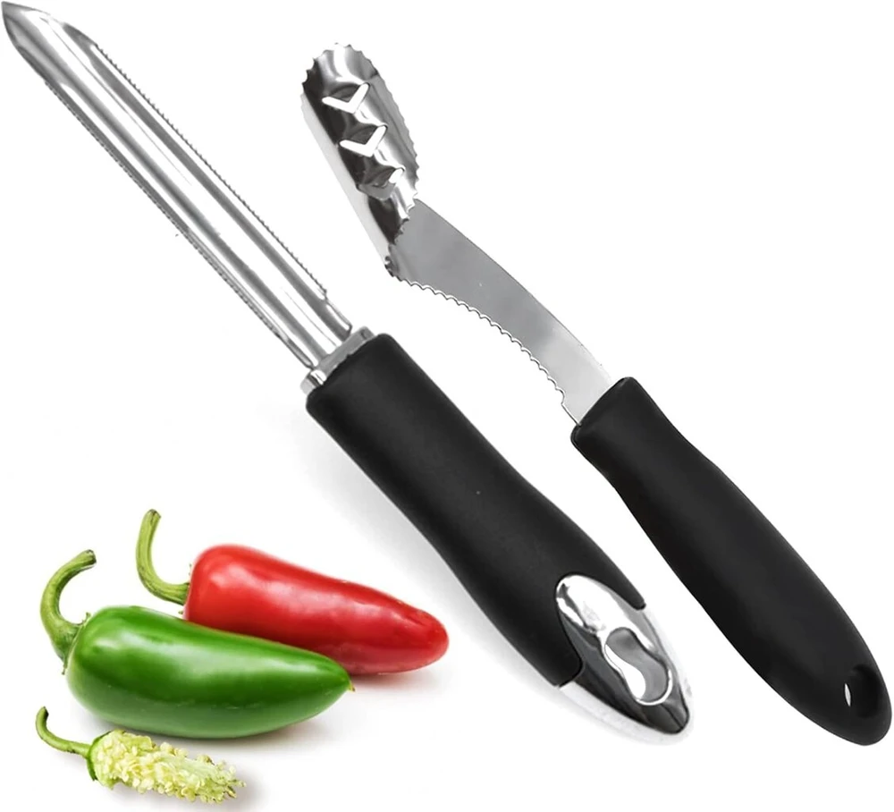 Jalapeño nerūdijančio plieno pipirų šerdies išėmimo įrankių rinkinys iš 2 dalių su dantytu ašmeniu ir gumine rankena - šerdies išėmimo įrankis Jalapeño, čili, paprikoms, cukinijoms ir agurkams
