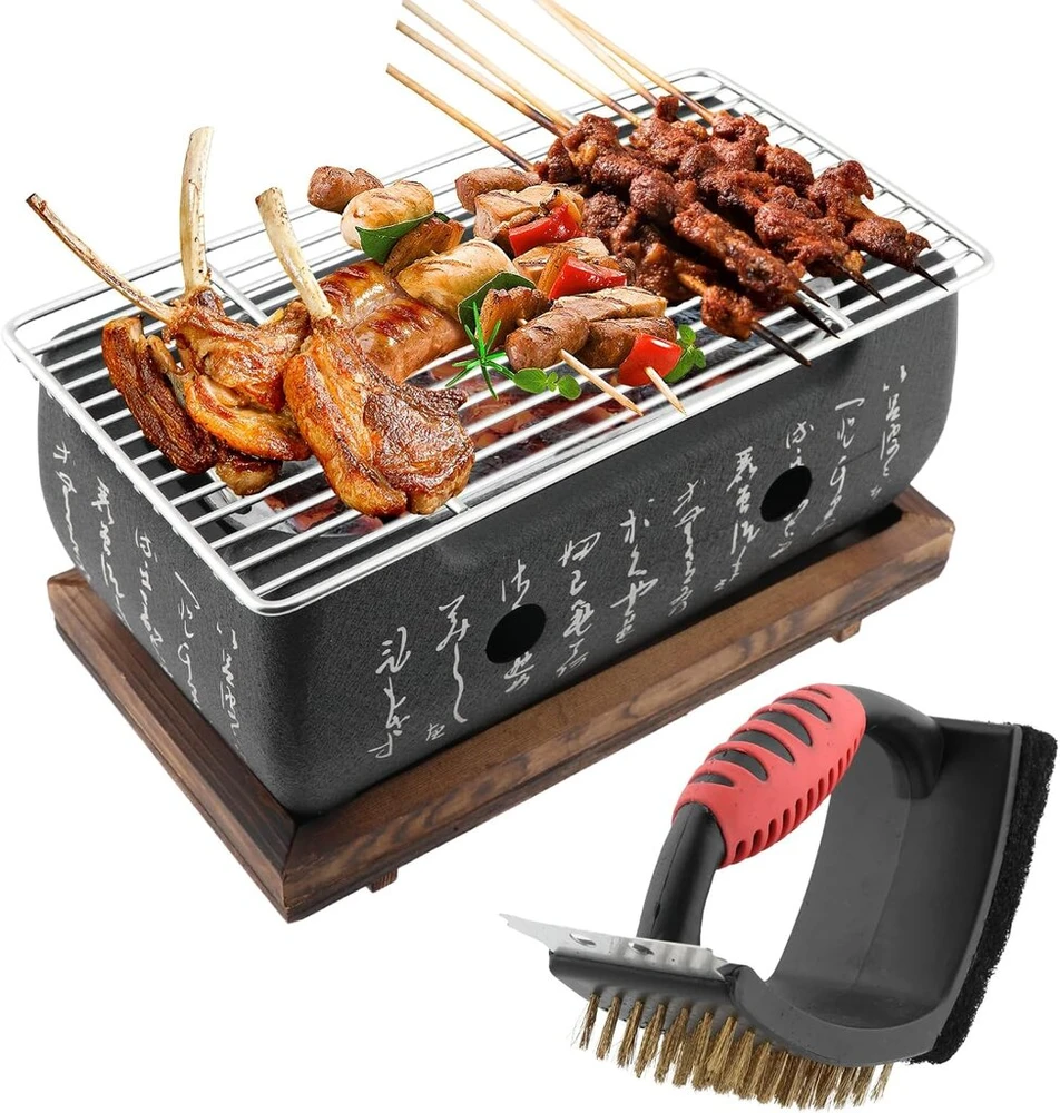 Japoniškas stalo grilis su anglimis ir valymo šepečiu, mini Bbq plokštė, nešiojama viryklė stalui, vakarėlių reikmenys, grilio įrankiai