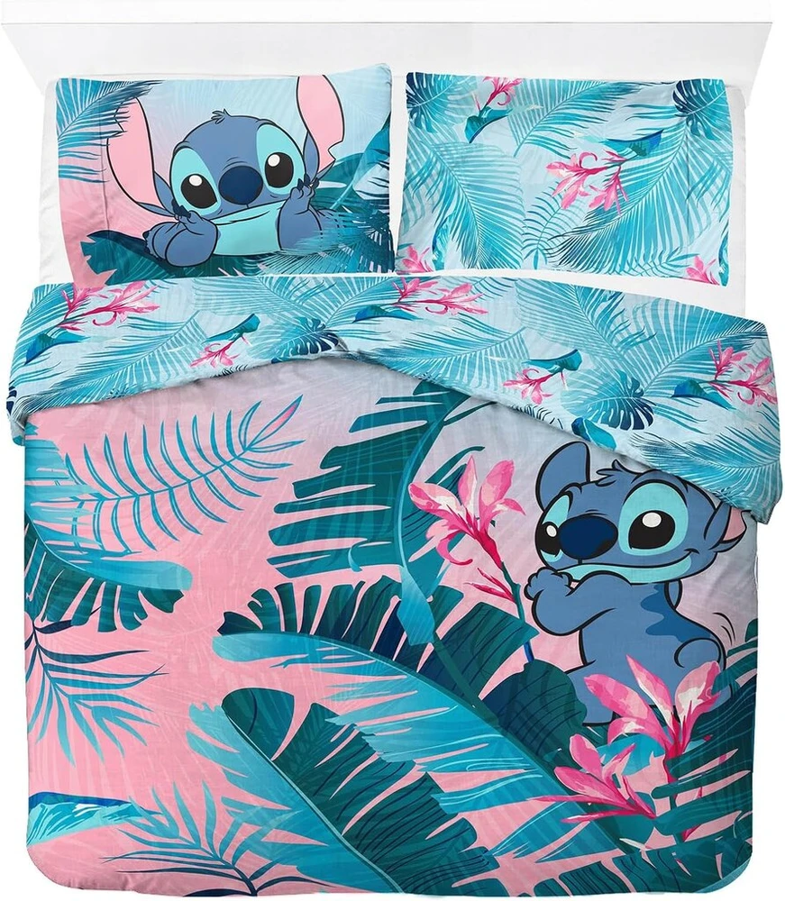 Jay Franco Disney Lilo and Stitch Floral patalynės komplektas dviem asmenims - vaikiškas patalynės komplektas su 50 x 70 cm pagalvės užvalkalu, skalbiamas skalbimo mašinoje medvilninis patalynės komplektas
