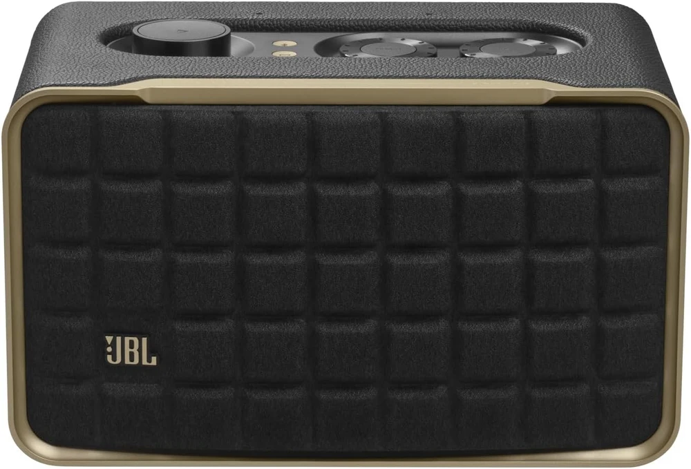Kompiuterio kolonėlės Jbl Authentics 200 išmanusis namų garsiakalbis – 70-ųjų retro dizaino bluetooth kolonėlė – su quadrex grotelėmis, google assistant, alexa, airplay ir Jbl one programėle – juodas