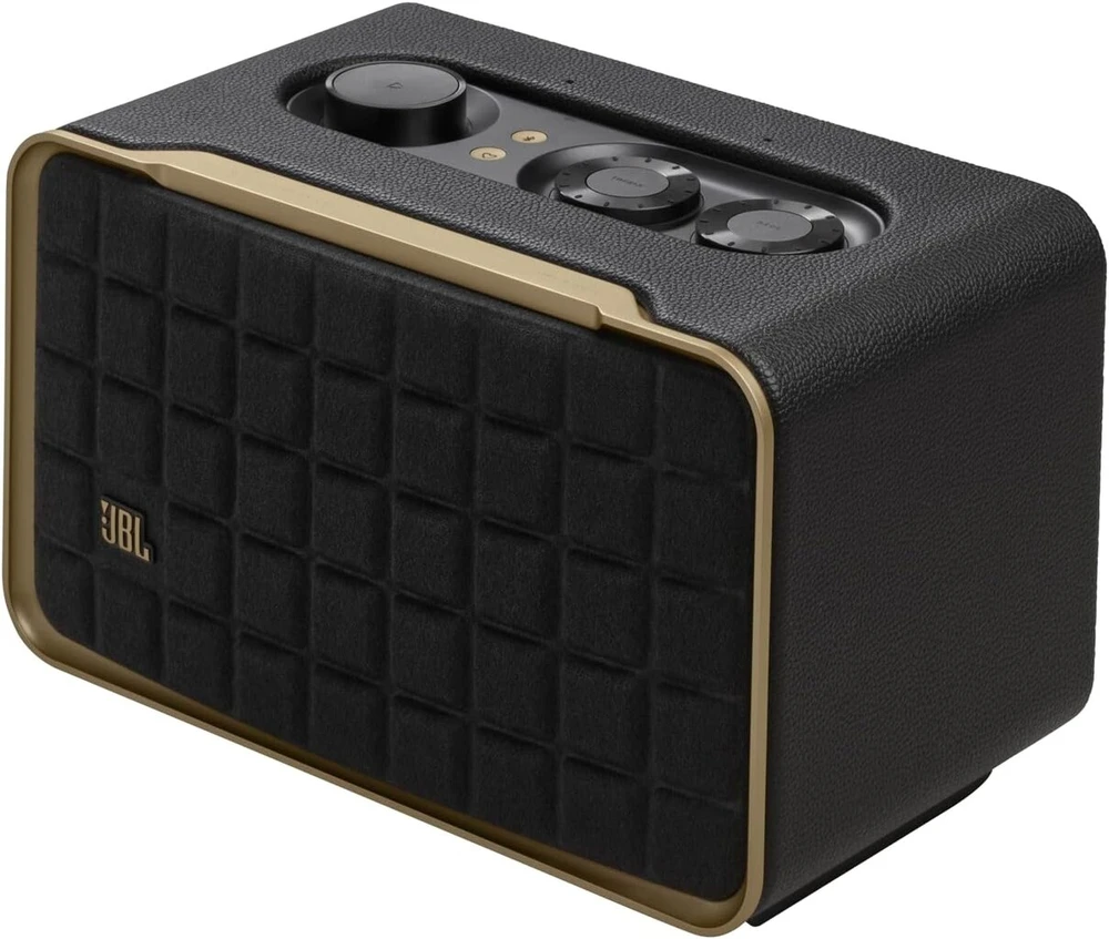 Kompiuterio kolonėlės Jbl Authentics 200 išmanusis namų garsiakalbis – 70-ųjų retro dizaino bluetooth kolonėlė – su quadrex grotelėmis, google assistant, alexa, airplay ir Jbl one programėle – juodas