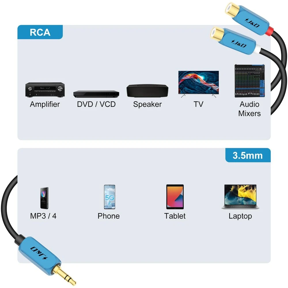 J&d 3.5mm į 2 Rca prailginimo laidas, paauksuotas, 0.3m