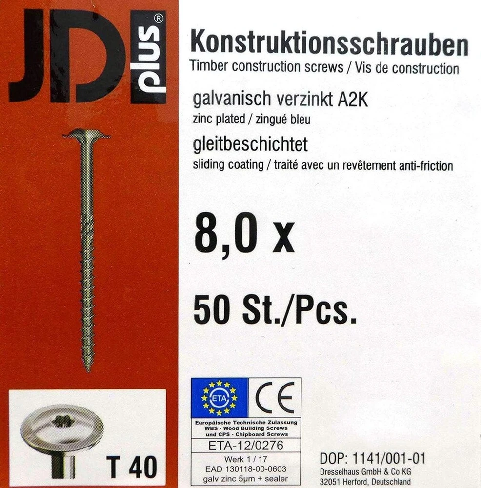 Jd-plus profesionalūs medvaržčiai su plokščia galvute, baltas galvanizuotas paviršius, I-star T40, skersmuo 8 mm, ilgis 80–450 mm, konstrukciniai varžtai, 50 vnt.