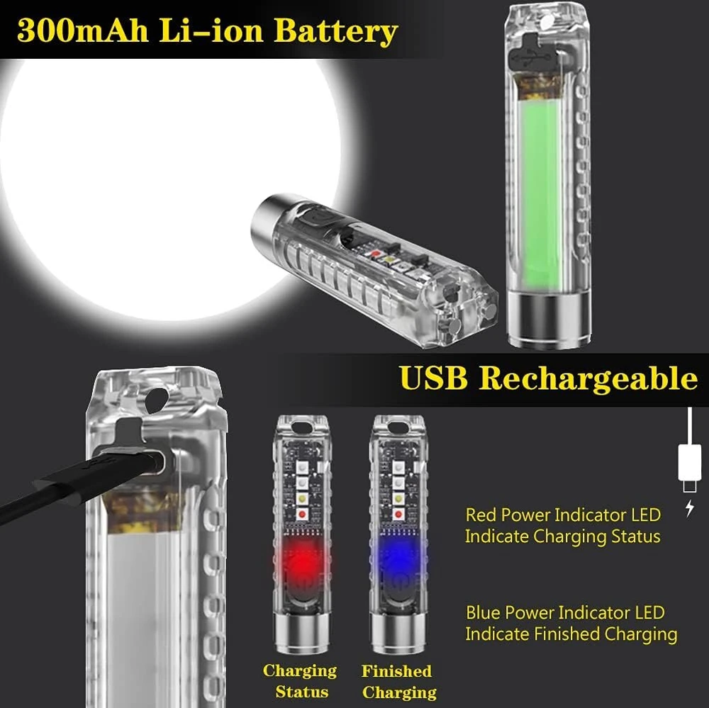 Jeebel Mini Žibintuvėlis 400 Liumenų Įkraunamas Led Raktų Pakabuko Žibintuvėlis su Uv/balta/raudona/mėlyna Šonine Šviesa, Edc Multifunkcinis Magnetinis Usb Žibintuvėlis, Ip65
