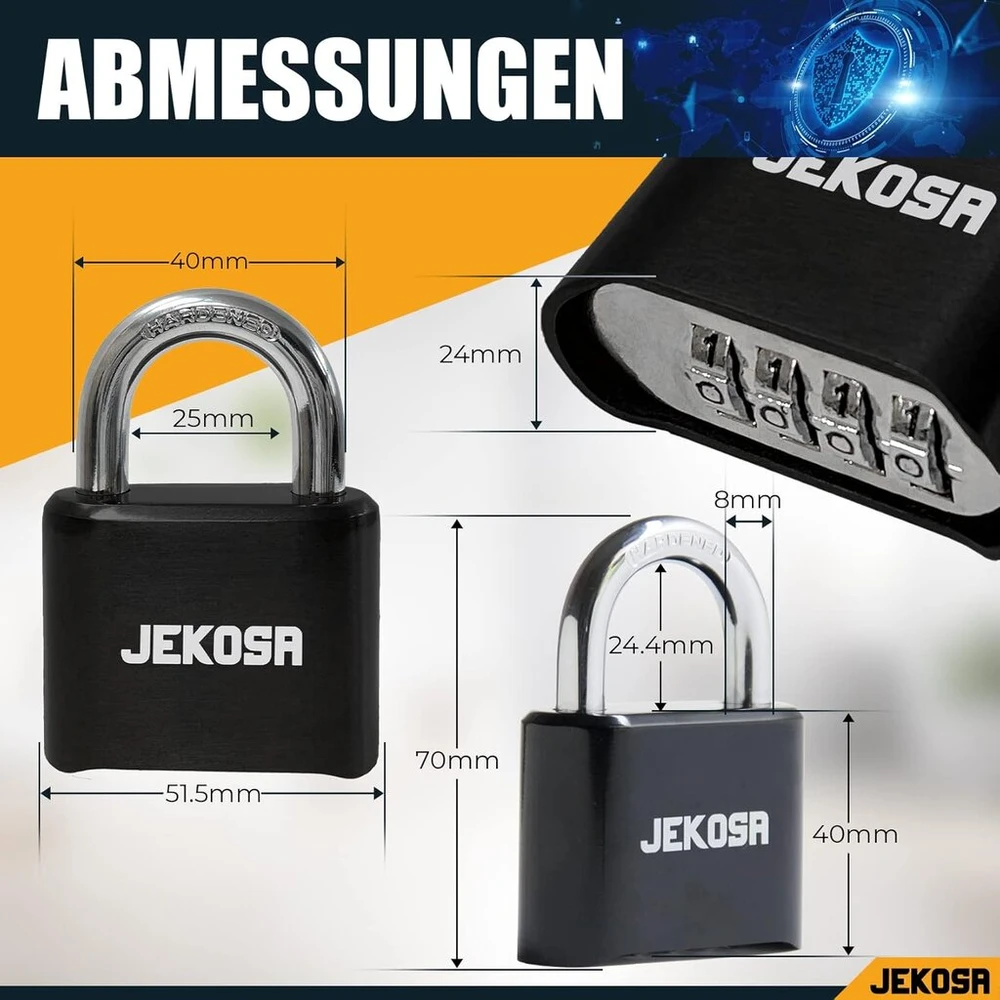 Jekosa® Jkb/50 [atsparus vandeniui] aukštos kokybės kombinuota pakabinama spyna, skirta naudoti lauke - [be rakto] 4 skaitmenų kodinė spyna, skirta pašiūrėms, vartams, spintelėms, spynoms, juoda
