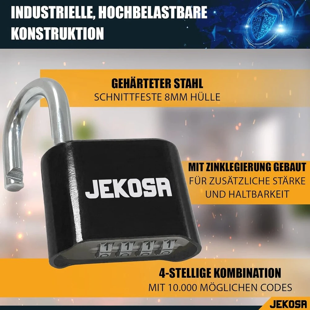 Jekosa® Jkb/50 [atsparus vandeniui] aukštos kokybės kombinuota pakabinama spyna, skirta naudoti lauke - [be rakto] 4 skaitmenų kodinė spyna, skirta pašiūrėms, vartams, spintelėms, spynoms, juoda