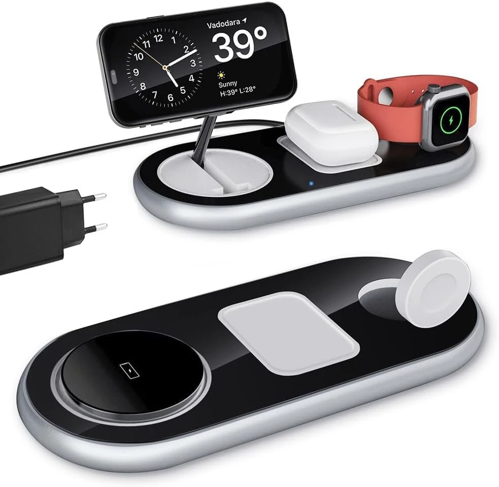 Jeswo magnetinis belaidis įkroviklis, 3 viename belaidis įkroviklis su 18w adapteriu, įkrovimo stotelė mobiliesiems telefonams/išmaniesiems laikrodžiams/ausinėms, palaikantiems belaidį įkrovimą