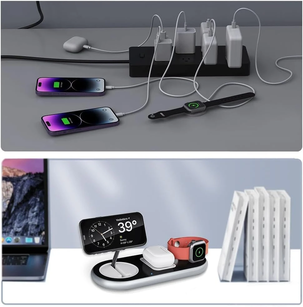 Jeswo magnetinis belaidis įkroviklis, 3 viename belaidis įkroviklis su 18w adapteriu, įkrovimo stotelė mobiliesiems telefonams/išmaniesiems laikrodžiams/ausinėms, palaikantiems belaidį įkrovimą