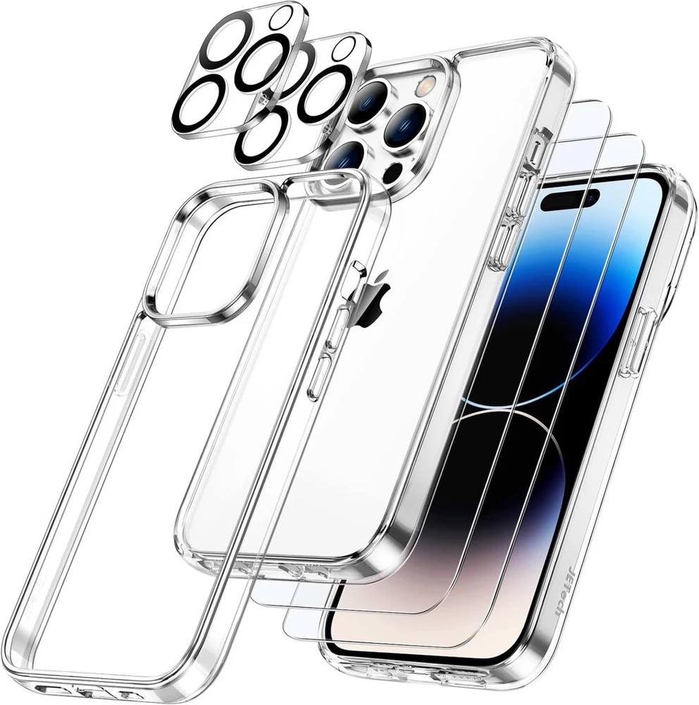 Jetech 5-in-1 dėklas, skirtas iphone 14 pro max 6.7 colių, 2 ekrano apsaugos ir 2 kameros apsaugos, niekada negelstantis, viso ekrano grūdinto stiklo plėvelė, ekrano apsaugos kamera, smūgiams atsparus mobiliojo telefono dėklas
