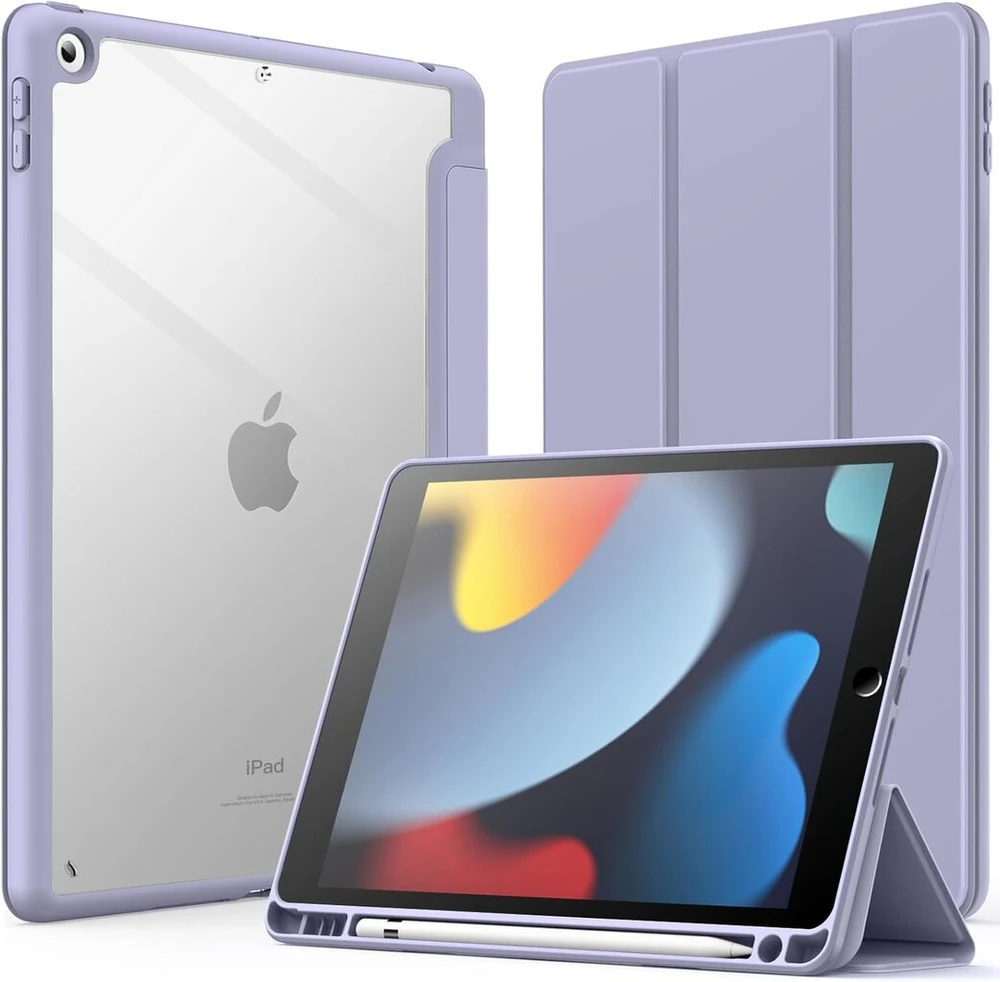 Jetech dėklas, skirtas ipad 10.2 colių (9-osios/8-osios/7-osios kartos, 2021/2020/2019) su pieštuko laikikliu, skaidrus permatomas galinis dangtelis, plonas stovas, atsparus smūgiams planšetinio kompiuterio apsauginis dėklas (violetinis)
