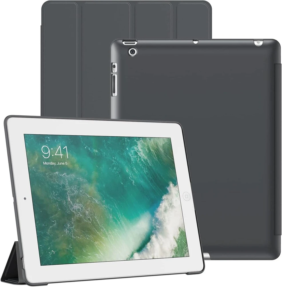 Jetech dėklas, skirtas ipad 2/3/4, apsauginis kietas galinis dangtelis, minkštas planšetinio kompiuterio stovas, automatinis pažadinimas/užmigdymas (tamsiai pilkas)